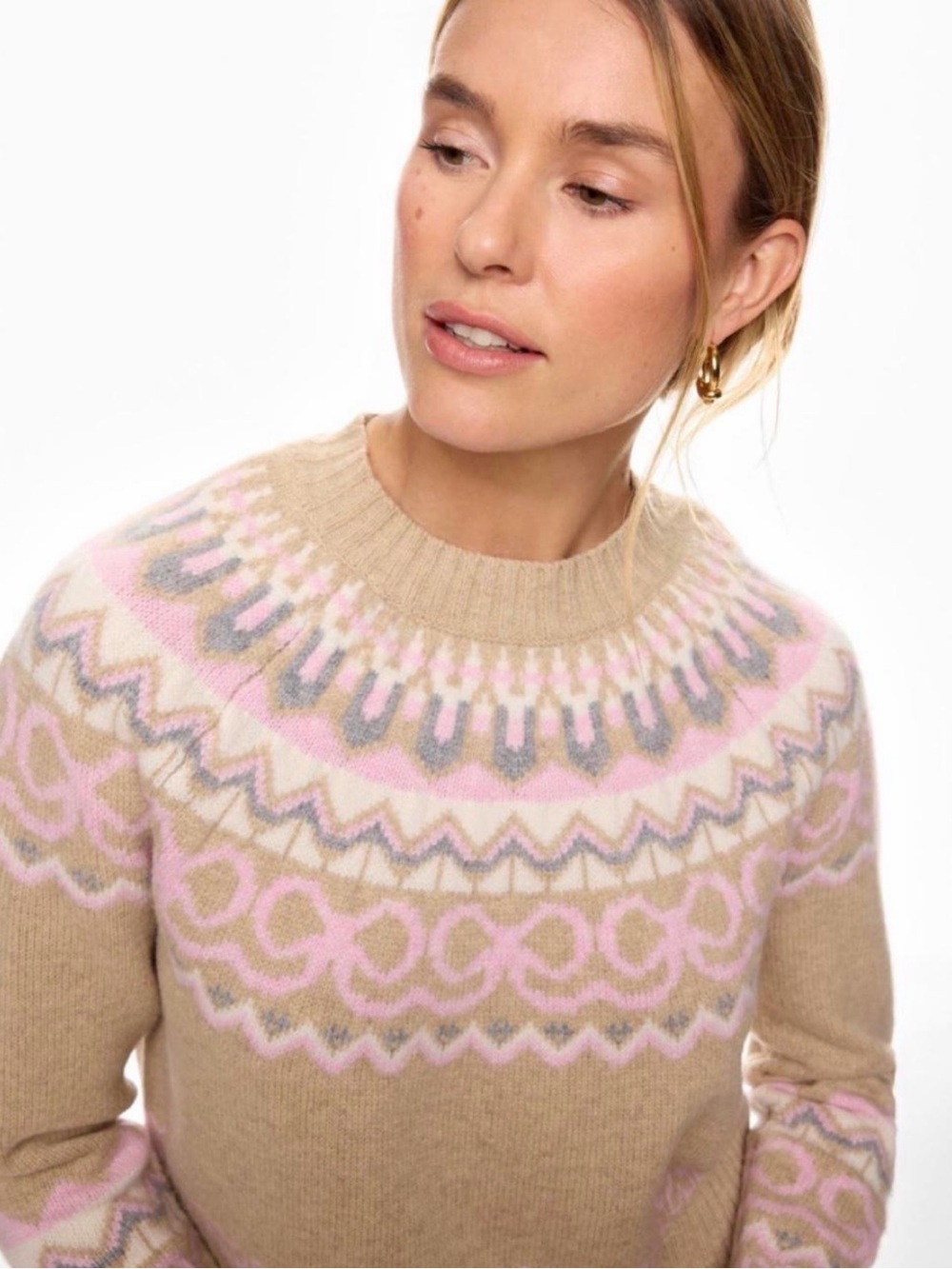 LoveShackFancy Beige Fair Isle Crewneck Sweater with Pink & Gray Accents